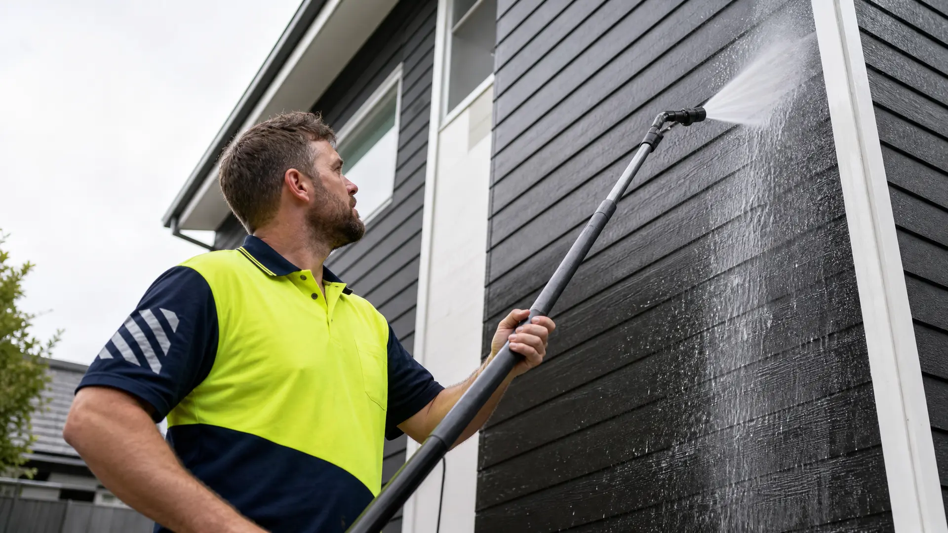 A Genie Clean team member house washing the exterior of a Christchurch home with a wash pole.