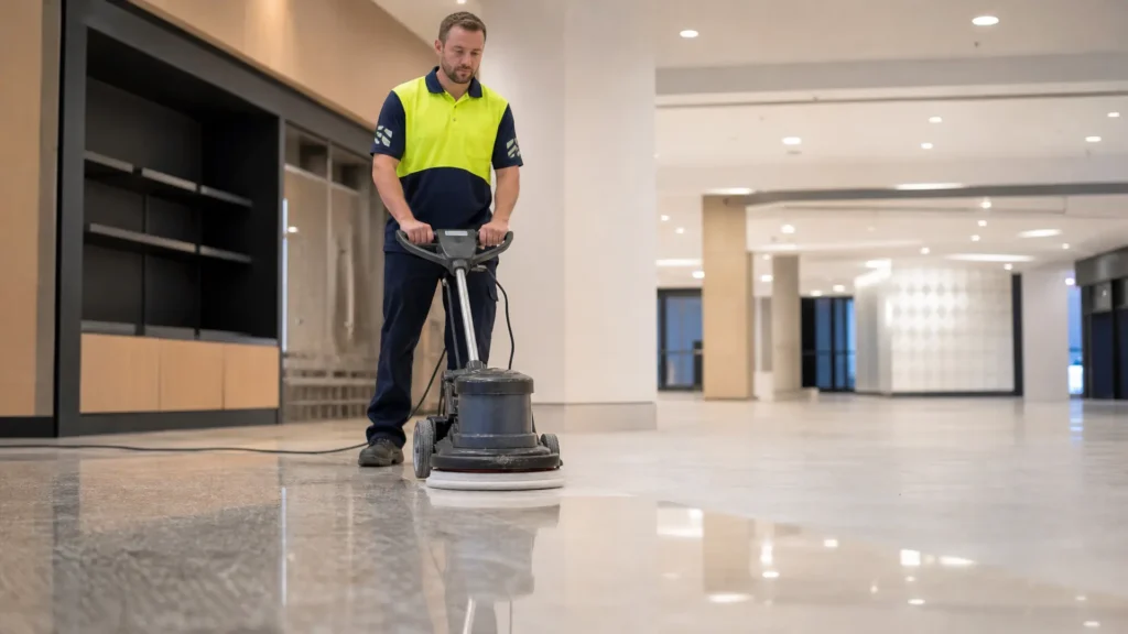 A Genie Clean team member polishing a commercial floor to a mirror shine with a buffing machine.