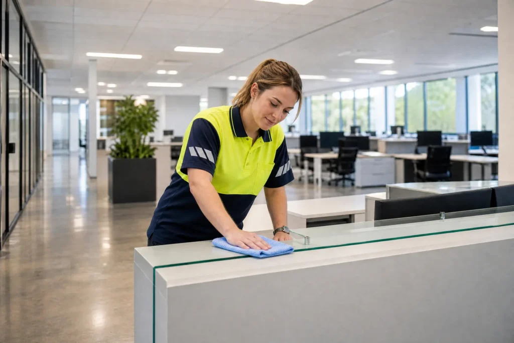 Genie Clean team member cleaning a modern Christchurch office space