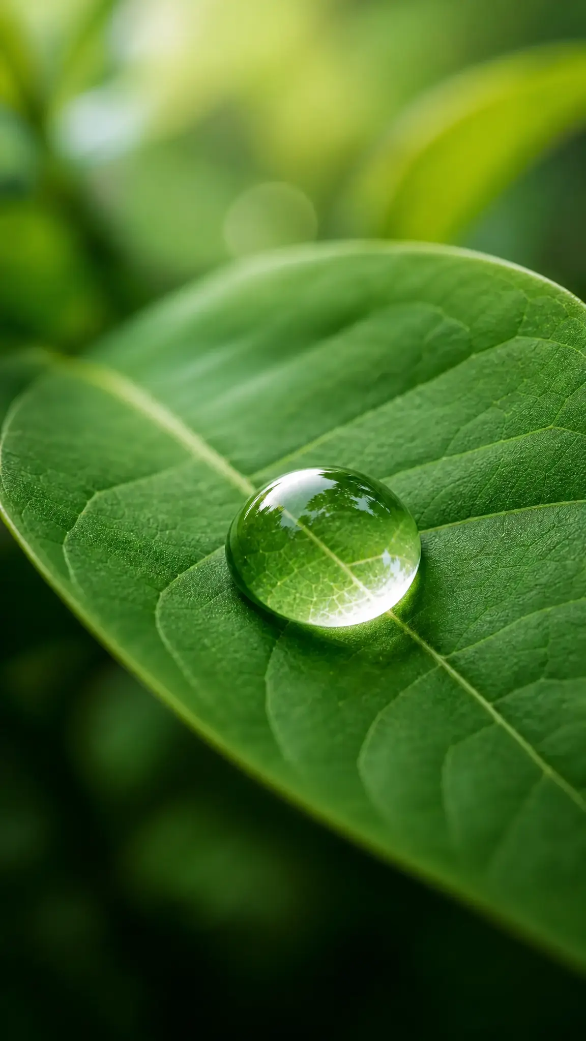 Water droplet resting on a green leaf, symbolising Genie Clean's non-toxic, eco-friendly approach.