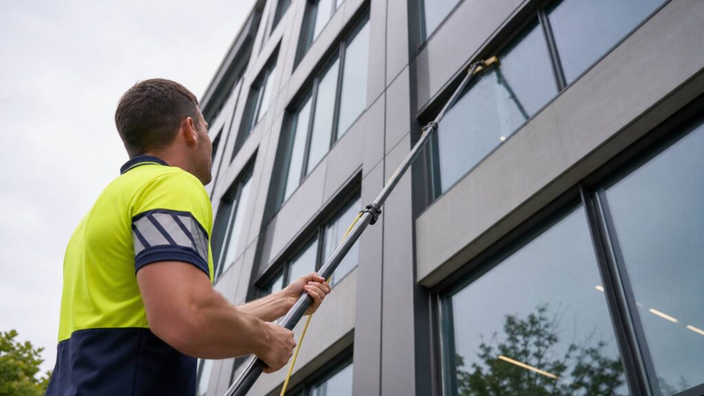 A Genie Clean team member cleaning windows on a multi-storey Christchurch office building